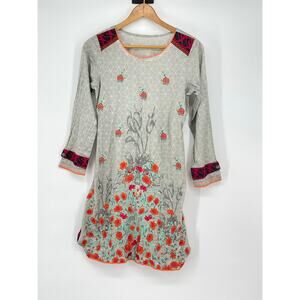 Embroidered Floral Long Sleeve Lightweight Dress Beach Cover‎ Up Boho Artsy